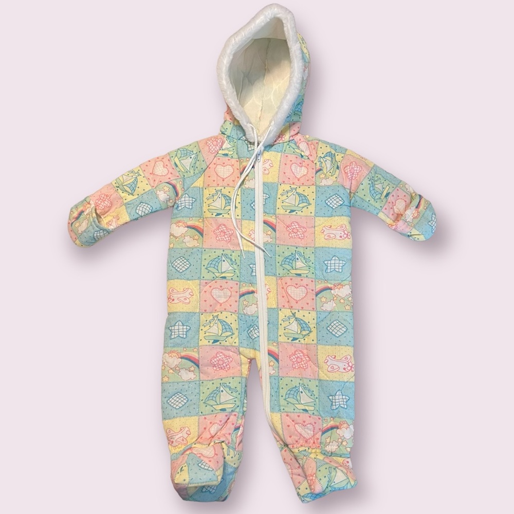 Vintage Baby Bunting Snowsuit 0-6 months Patchwork Pastel Colors Please Read